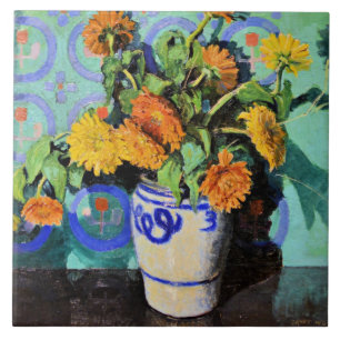 Grant Wood - Calendulas, floral painting Ceramic Tile