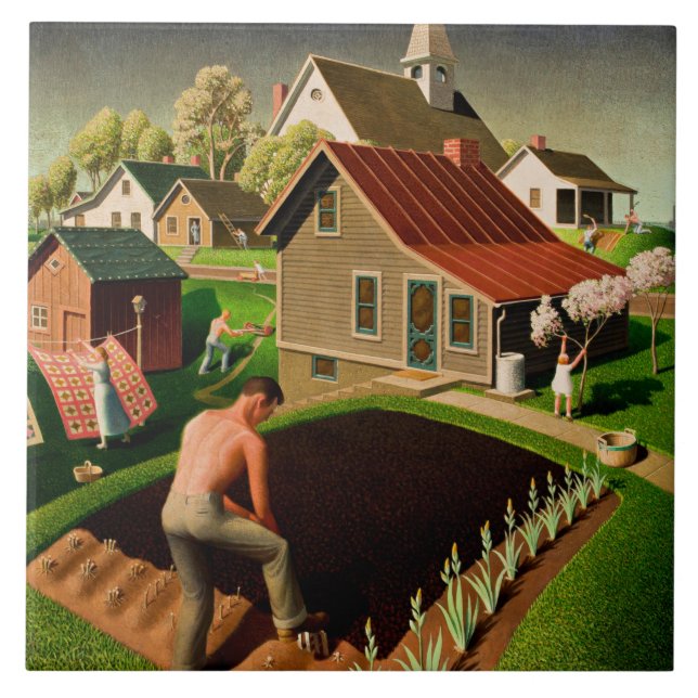 Grant Wood - Spring in Town, fine art painting Ceramic Tile (Front)