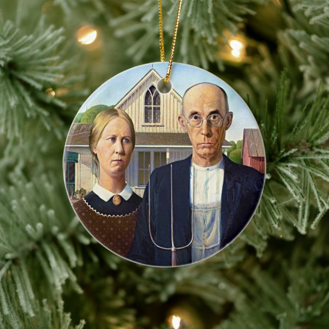 Grant Wood's American Gothic Icon Ceramic Ornament (Tree)