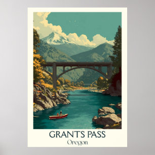 Grants Pass Oregon Vintage Rogue River Bridge Art Poster
