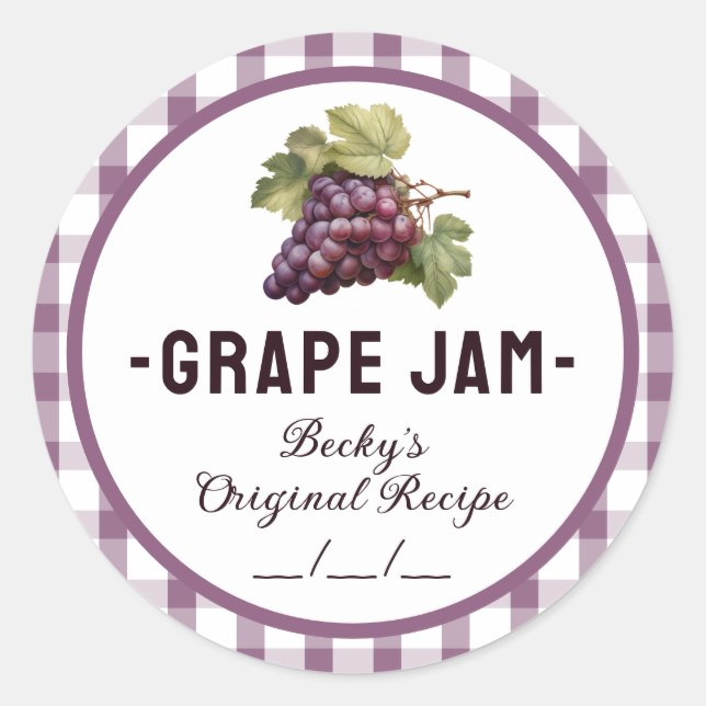 Grape jam canning label with chequered design (Front)