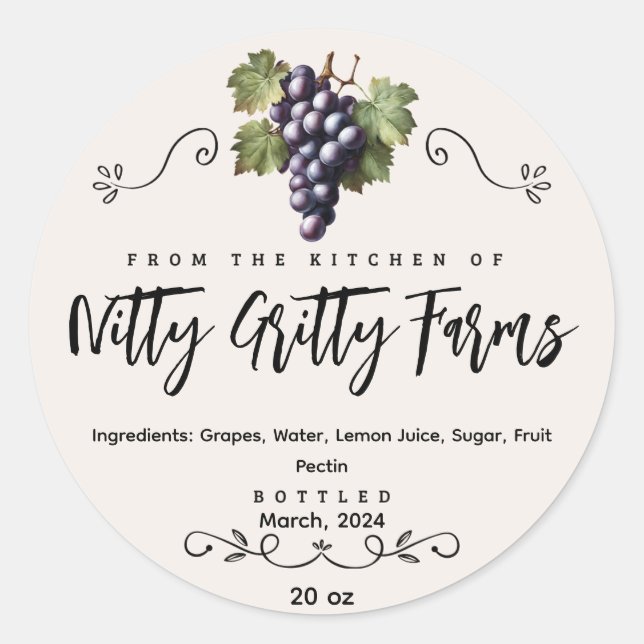 Grape Jam Jelly preserve Custom Canning Label (Front)