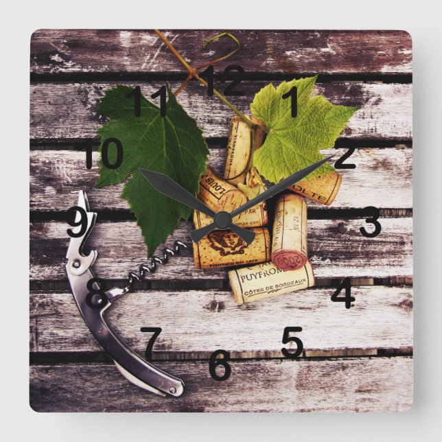 Grape leaf, wine bottle corks and corkscrew square wall clock (Front)