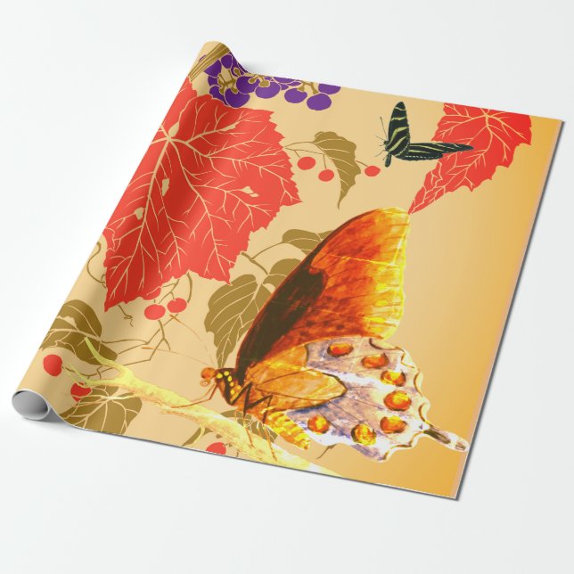 GRAPE LEAVES AND BUTTERFLIES WRAPPING PAPER (Unrolled)