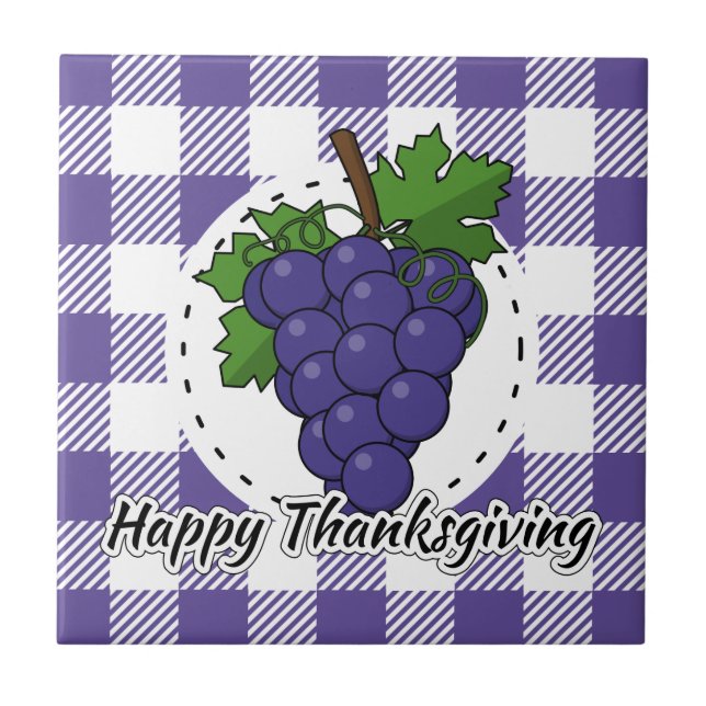 Grape on Violet Plaid - Happy Thanksgiving Ceramic Tile (Front)