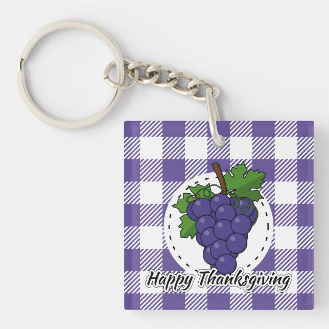 Grape on Violet Plaid - Happy Thanksgiving Key Ring (Front)