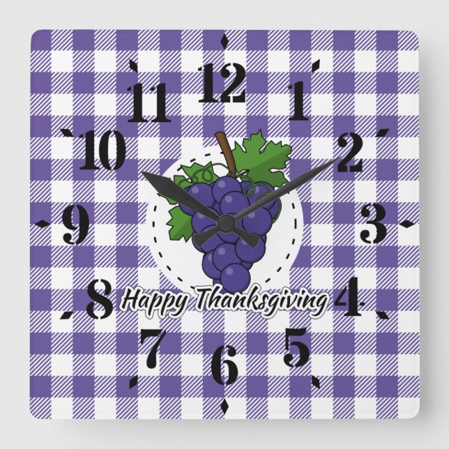 Grape on Violet Plaid - Happy Thanksgiving Square Wall Clock (Front)