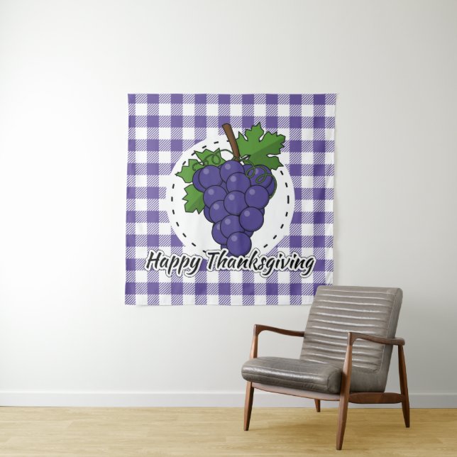 Grape on Violet Plaid - Happy Thanksgiving Tapestry (In Situ)