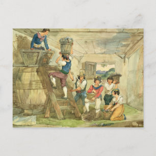 Grape-pickers carrying grapes to the press postcard