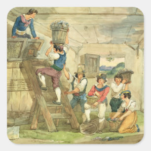 Grape-pickers carrying grapes to the press square sticker