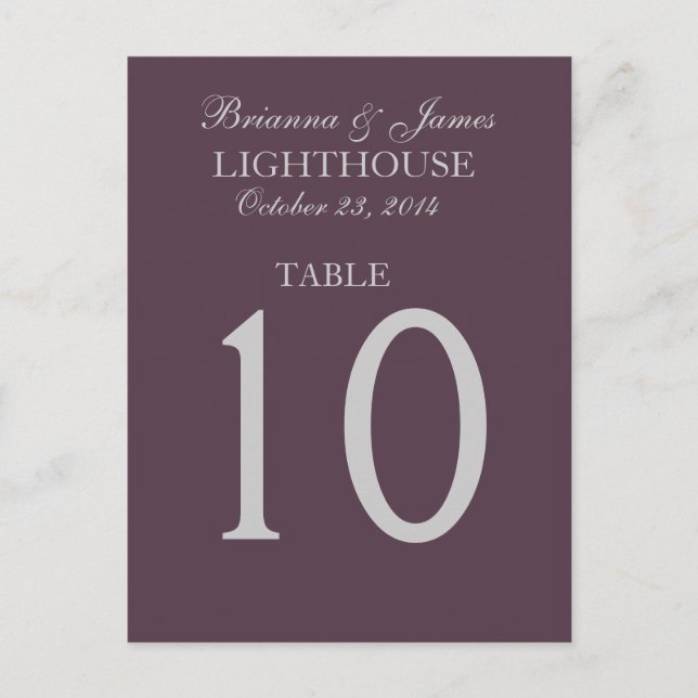 Grape Purple and Silver Wedding Table Number Card (Front)