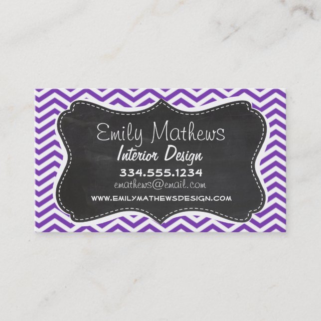 Grape Purple Chevron Stripes; Chalkboard look Business Card (Front)
