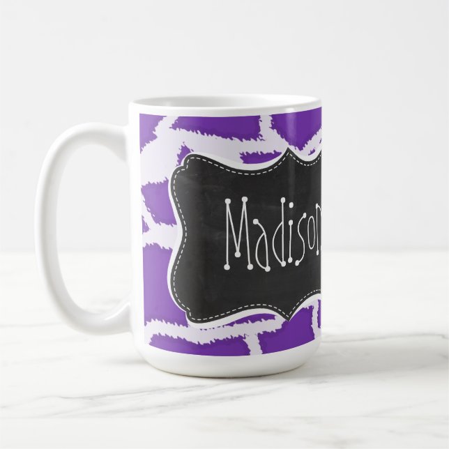 Grape Purple Giraffe Animal Print; Chalkboard look Coffee Mug (Left)