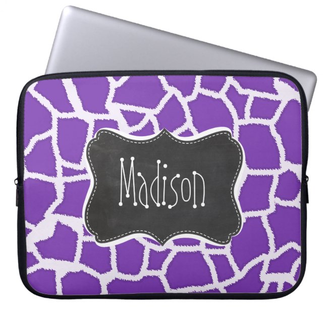 Grape Purple Giraffe Animal Print; Chalkboard look Laptop Sleeve (Front)