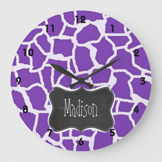 Grape Purple Giraffe Animal Print; Chalkboard look Large Clock (Front)