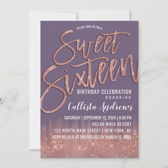 Grape Purple Rose Gold Glitter Typography Sweet 16 Invitation (Front)