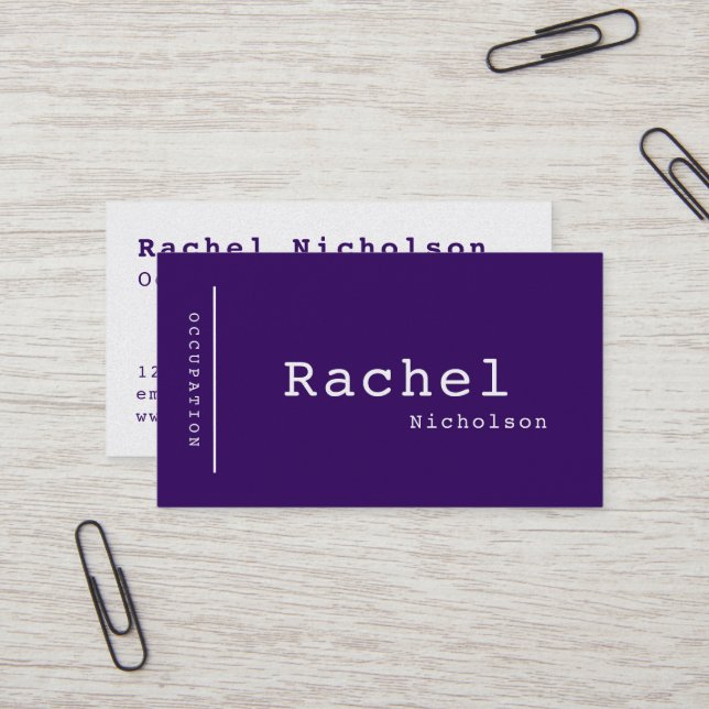 Grape Purple & White Minimal Plain Typewriter Business Card (Front/Back In Situ)