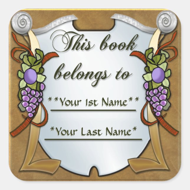 Grape Swags (Personalised Bookplate Sticker) Square Sticker (Front)