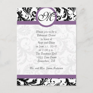 Grape Trim Black Damask Swirls Rehearsal Dinner Invitation Postcard