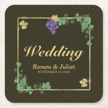 Grape Vines with Gold Frame Wedding Paper Coaster
