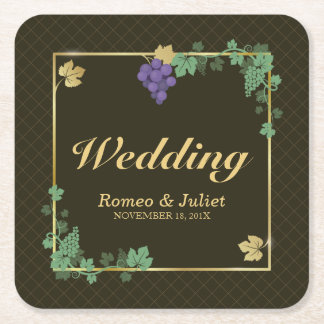 Grape Vines with Gold Frame Wedding Paper Coaster