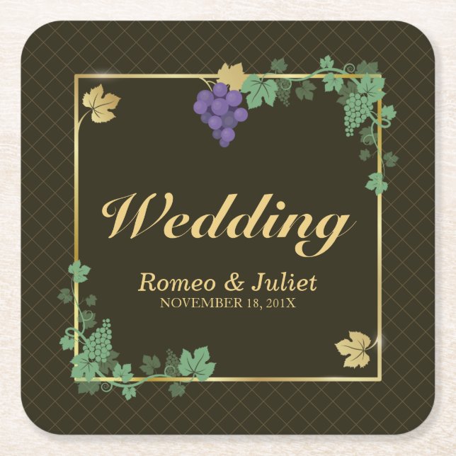 Grape Vines with Gold Frame Wedding Paper Coaster (Front)