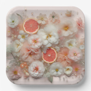 Grapefruit and Flowers Abstract Paper Plate