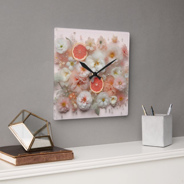 Grapefruit and Flowers Abstract Square Wall Clock (Office)