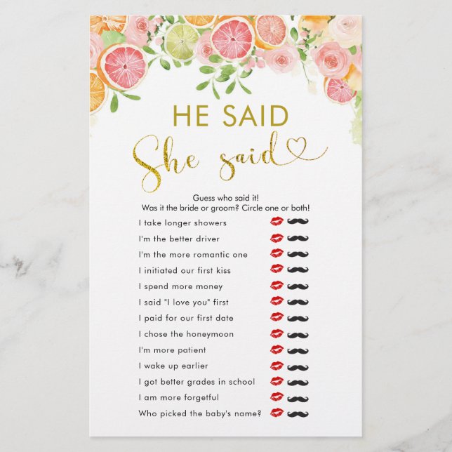 Grapefruit Citrus Bridal Shower He Said She Said (Front)