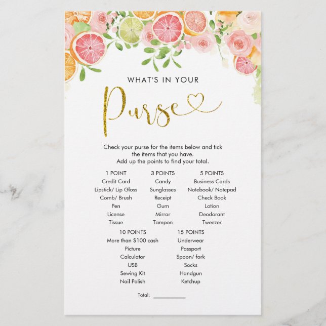 Grapefruit Citrus Bridal Shower Purse Game (Front)