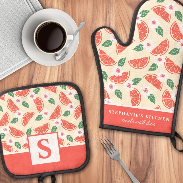 Grapefruit Citrus Floral Cute Summer Monogrammed Oven Mitt & Pot Holder Set (Creator Uploaded)