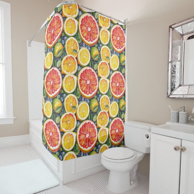 Grapefruit, Limes and Lemons Citrus Themed Shower Curtain (In Situ)