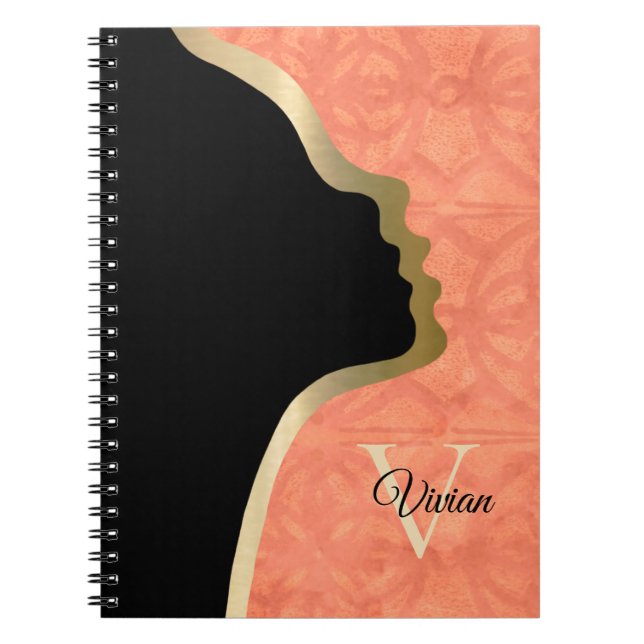 Grapefruit Pink Batik Black And Gold Face Name Notebook (Front)