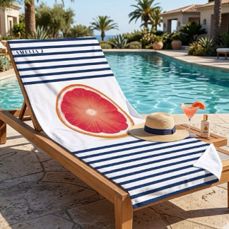 Grapefruit Slice Navy Blue Striped Personalised Beach Towel
