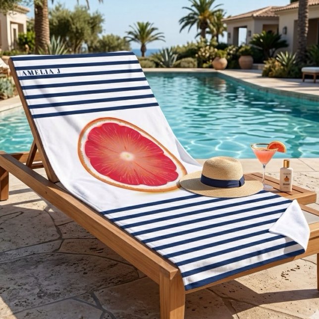 Grapefruit Slice Navy Blue Striped Personalised  Beach Towel (AI generated in situ picture)