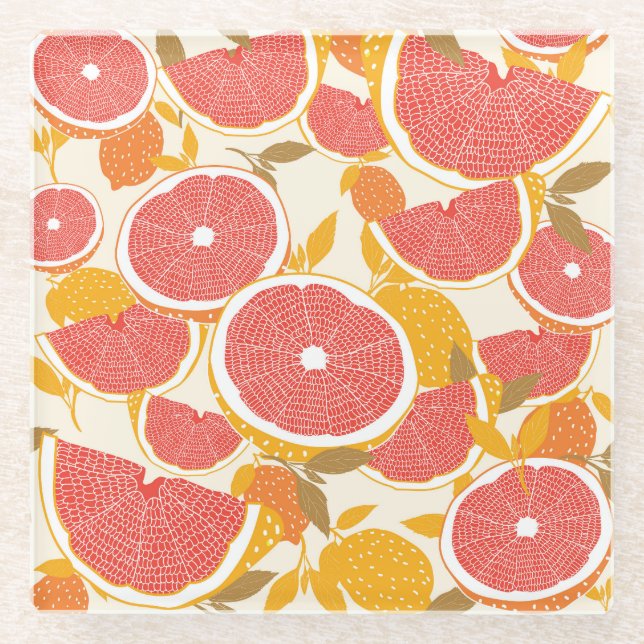 Grapefruit Slices with Leaves Glass Coaster (Front)