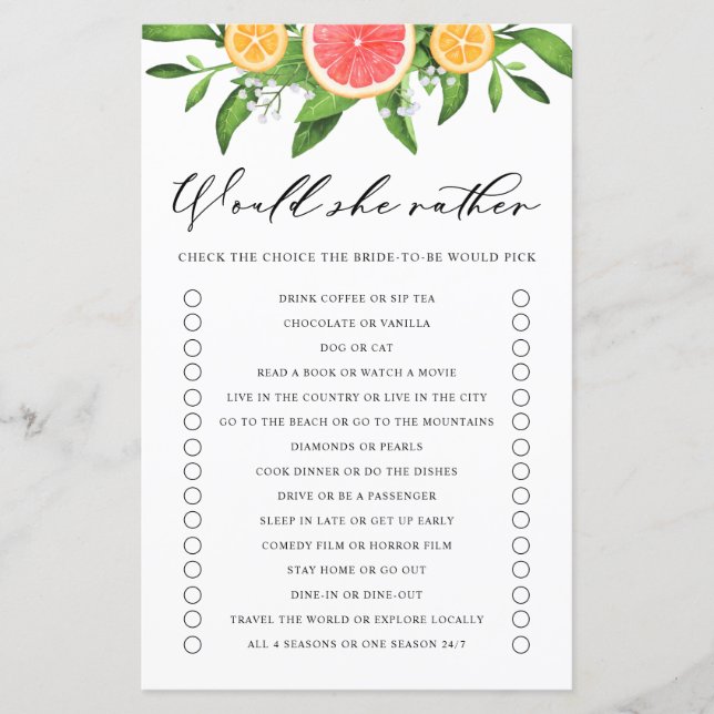 Grapefruit Would She Rather Bridal Shower Game (Front)