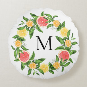 Grapefruits Lemons and Oranges Wreath Monogram Round Cushion