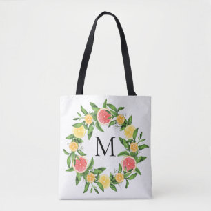 Grapefruits Lemons and Oranges Wreath Monogram Tote Bag