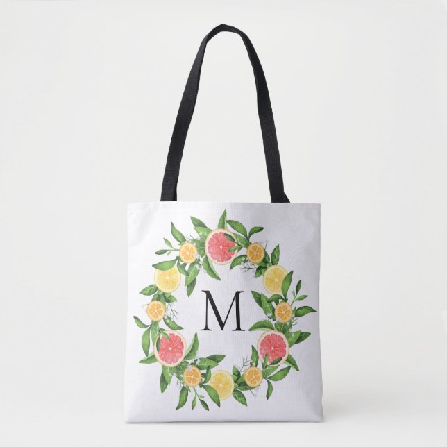 Grapefruits Lemons and Oranges Wreath Monogram Tote Bag (Front)