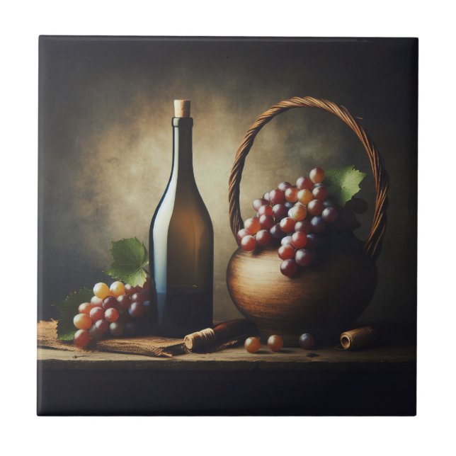 Grapes and a Bottle of Wine Still Life Ceramic Tile (Front)