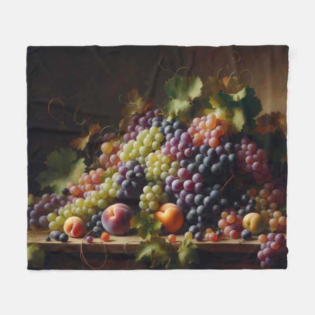 Grapes and Fruit Still Life Painting Fleece Blanket (Front (Horizontal))