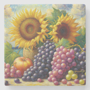 Grapes and Sunflowers Oil Painting Stone Coaster