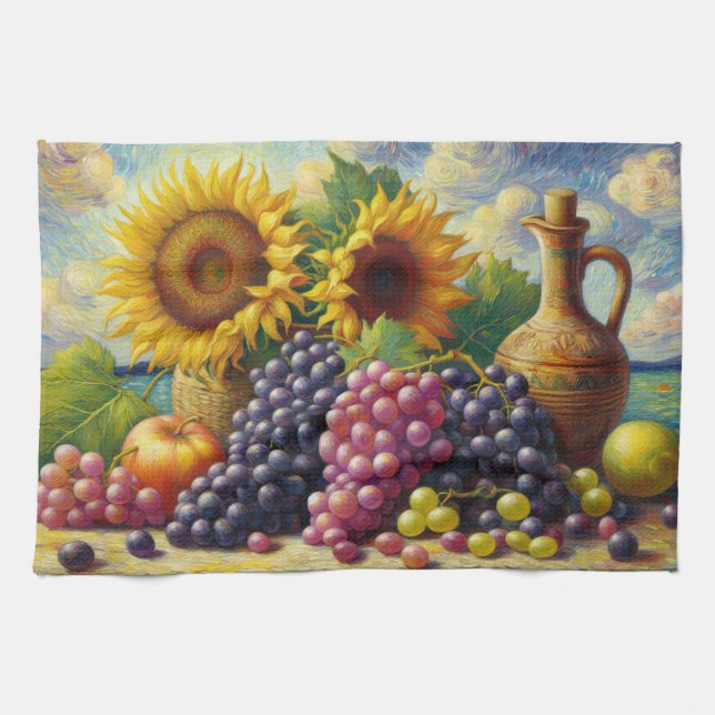 Grapes and Sunflowers Oil Painting Tea Towel (Horizontal)