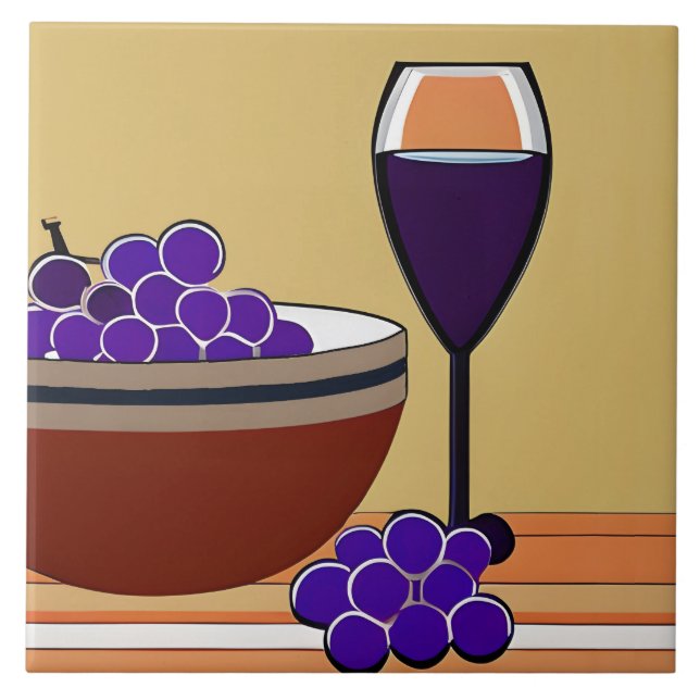 Grapes and Wineglass in Maroon and Tan   Ceramic Tile (Front)