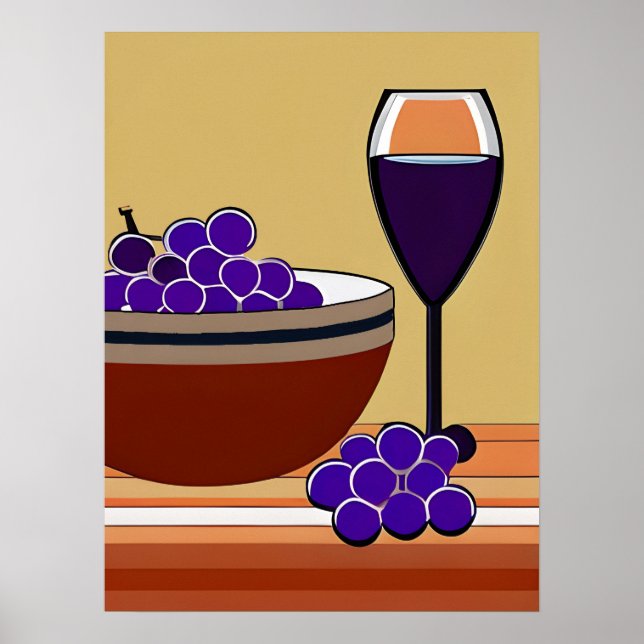 Grapes and Wineglass in Maroon and Tan  Poster (Front)
