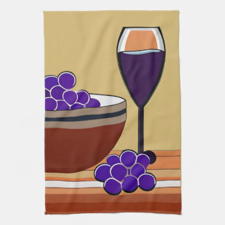 Grapes and Wineglass in Maroon and Tan   Tea Towel