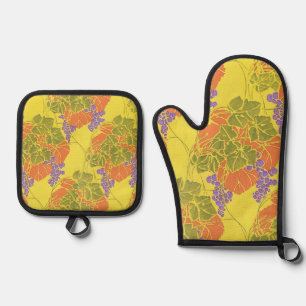 GRAPES,GRAPE VINES,ORANGE YELLOW GREEN PURPLE OVEN MITT & POT HOLDER SET