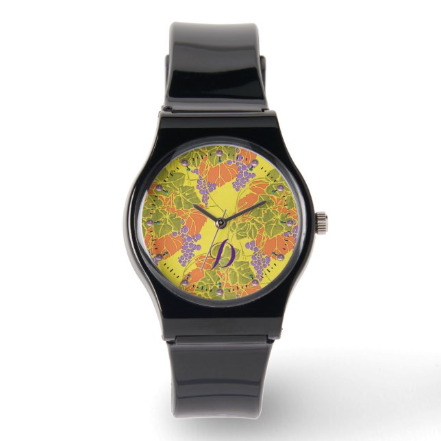 GRAPES,GRAPE VINES,YELLOW GREEN PURPLE MONOGRAM WATCH (Front)