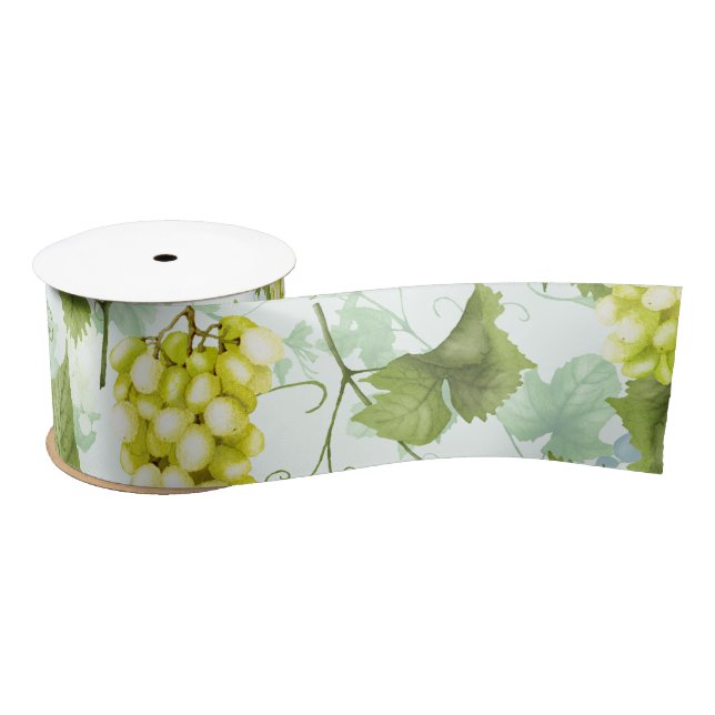 Grapes Hand drawn Summer Fruit Pattern on Mint Satin Ribbon (Spool)